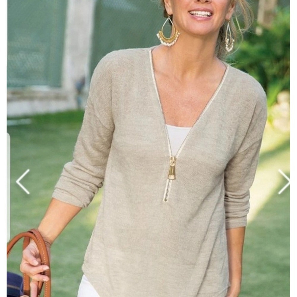 Soft Surroundings Size-XL Valentina Top Sweater Gold Zip V-Neck